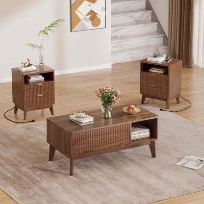 Lift Top Coffee Table Set With 2 End Tables, Walnut Coffee Table & Side Tables With Charging Station