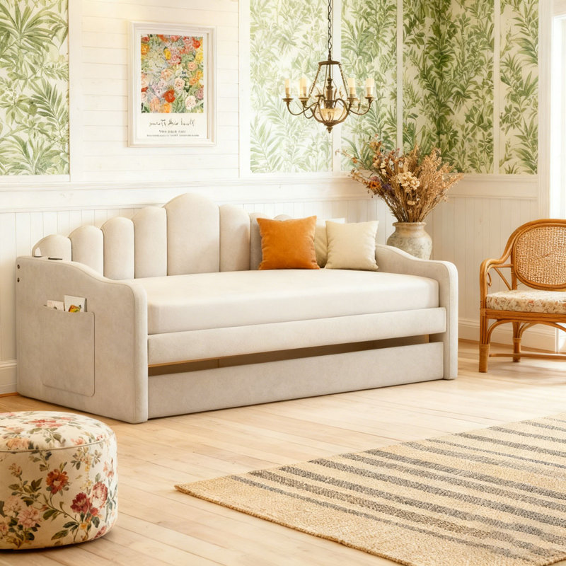 Upholstered Daybed with Trundle ,Velvet Sofabed with USB Charging Ports, Beige