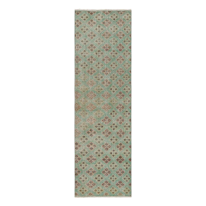 Vintage Turkish Runner Rug, Green & Red With Diamond Patterns – Rug & Kilim