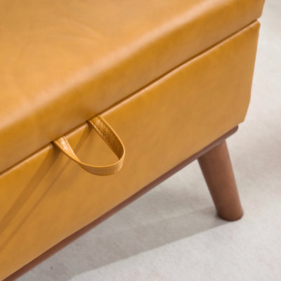 31" Mid-Century Modern Orange PU Leather Storage Ottoman - Rectangular Coffee Table with Lift Lid and Wood Legs