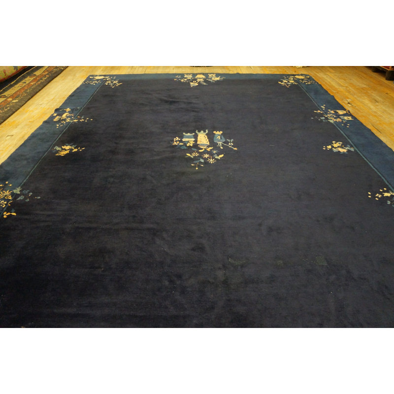 Antique Peking Chinese Allover Floral Blue Navy 1920s Rug