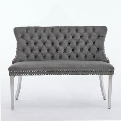 Velvet Double Dining Loveseat Bench, Kitchen & Dining Seating, 2-Seat Tufted Bench W/Handmade Buttons, Wing Back, Brushed Silver Stainless Steel Legs, Mid Century Modern,Single Pack,Gray