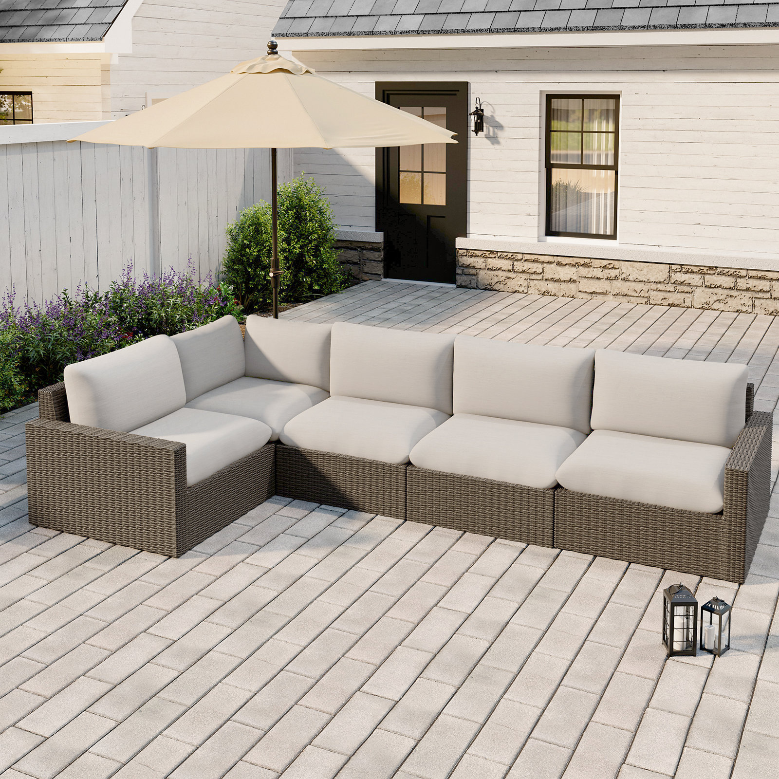 Pippa Wicker Outdoor Conversation Set, 5Pcs:2 Armchairs, 2 Armless Sofas, Corner Sofa
