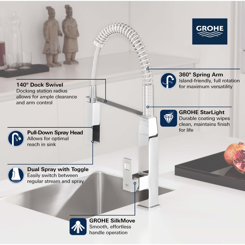 Eurocube® Pull Out Single Handle Kitchen Faucet with SilkMove® and with Accessories, StarLight Chrome
