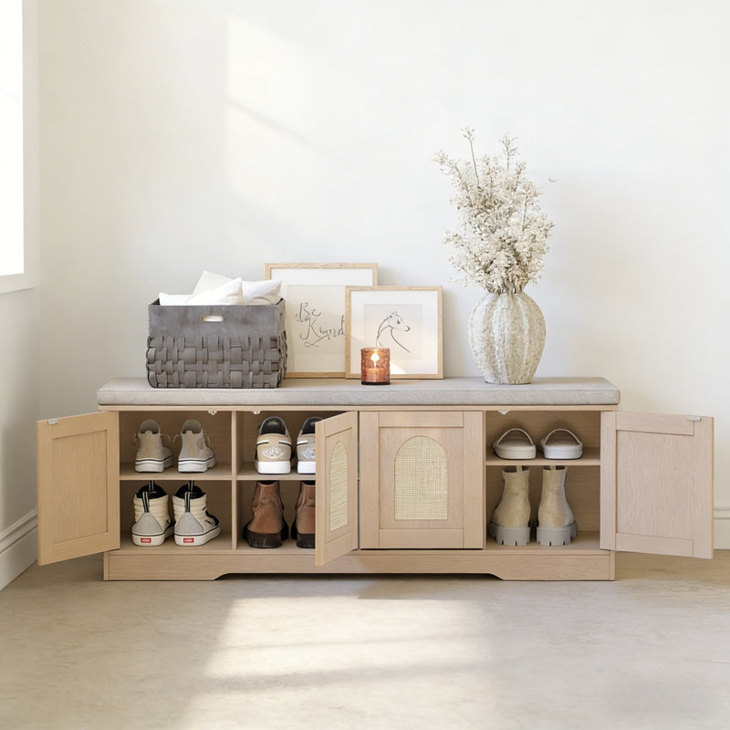 Banc d'entrée pour chaussures avec portes, coussin de dossier et 8 compartiments de rangement, Naturel / grège