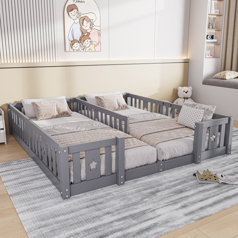 Floor Bed Frame Solid Pine Wood, Grey