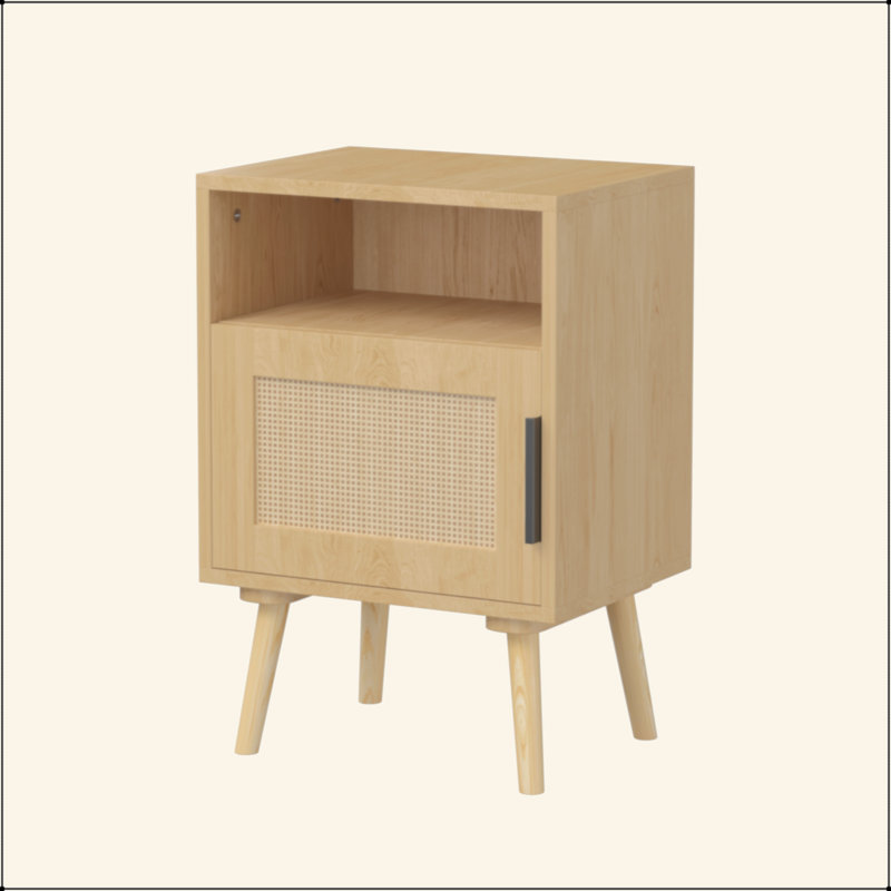 Table de chevet en rotin, table d'appoint avec tablette ouverte, table de chevet décorative avec pieds en bois massif pour chambre à coucher, dortoir et petits espaces