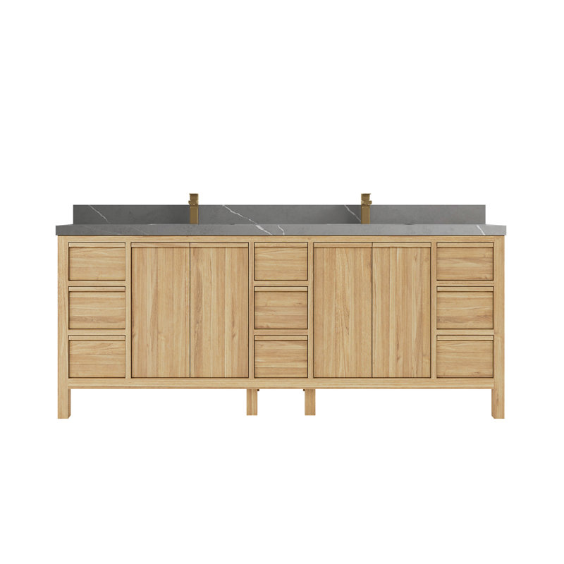 84'' Double Bathroom Vanity with Quartz Top, Light Brown, Piatra Gray