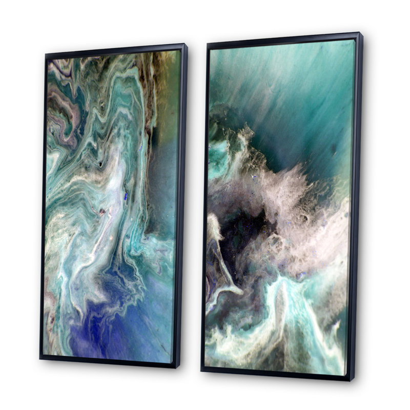 Turquoise, art liquide - ensemble de 2 peintures sur toiles, H 32 po x l 32 po x P 1 po, Cadre flottant noir