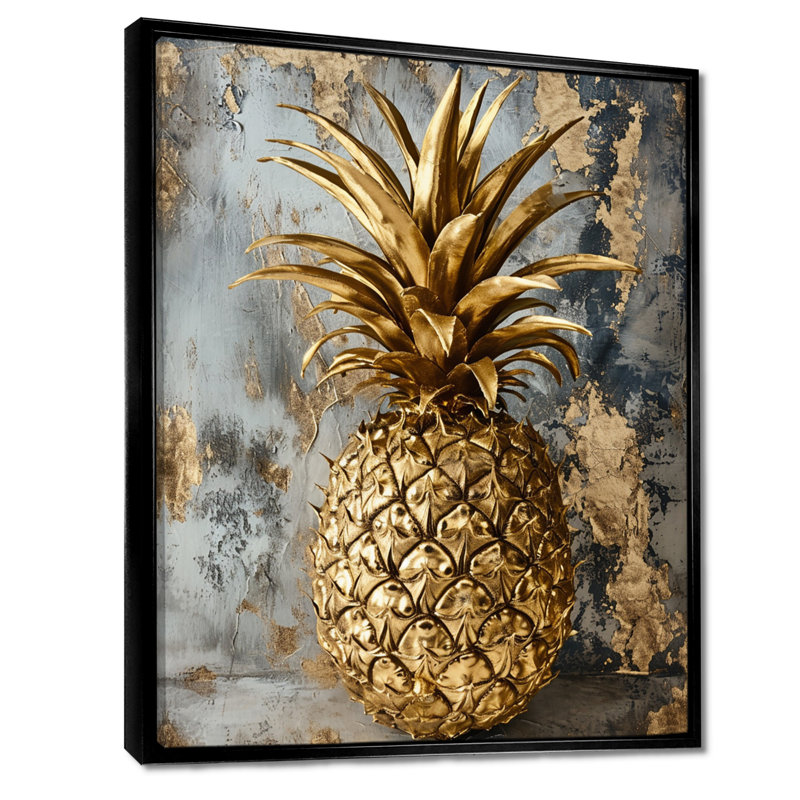 Golden Glam Pineapple - Ananas, art mural, H 32 po x l 16 po x P 1 po, Toile avec cadre flottant noir