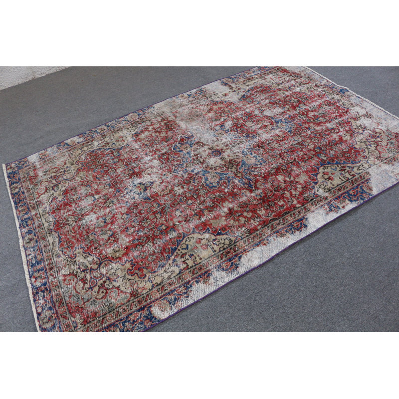 Authentique tapis turc rétro à motif floral rouge et bleu parfait pour un décor unique