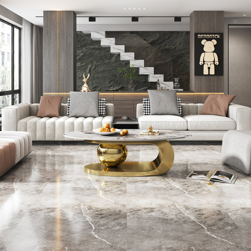 Faux Marble Coffee Table with Durable Sintered Stone Top and Stainless Steel Base for Modern Living Rooms, Gold,Multi