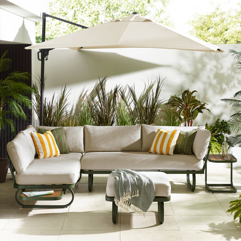 Capriss 6 Seater Metal Corner Garden Sofa, Bench/Footstool & Side Table With Cushions - Modern Design