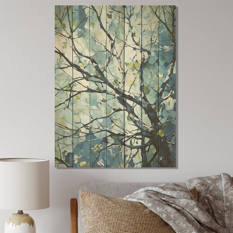 Arbre de tilleul bleu printemps - impression sur bois, H 44 po x l 34 po
