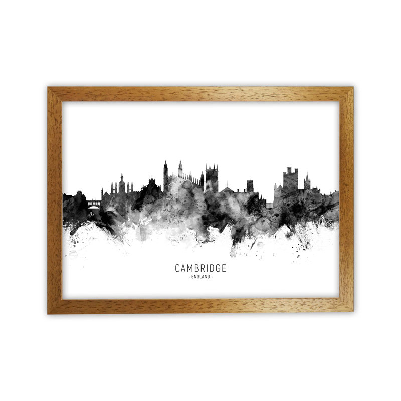 Cambridge England Skyline Black White City Name by Michael Tompsett - Print, Brown Framed, 64cm H x 88cm W x 3cm D
