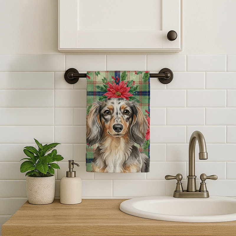 Longhaired Dapple Dachshund Christmas PoinsettIas Kitchen Towel, Longhaired Dapple Dachshund