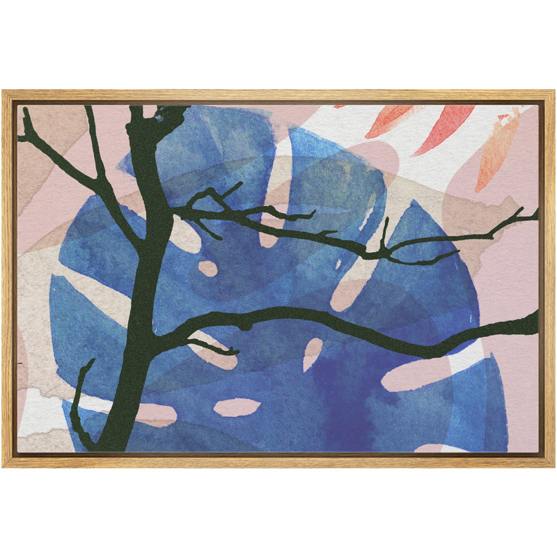 «Tree Silhouette And A Large Monstera Leaf», peinture sur toile à cadre flottant, Brun, H 24 po x l 36 po x P 1,5 po