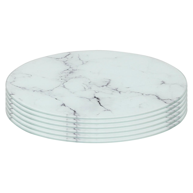 Harbour Housewares - Round Glass Placemats - 30cm - White Marble Effect - Set of 6