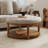 Large Round Upholstered Tufted Linen Ottoman Coffee Table, Large Footrest Ottoman with Wood Shelf Storage- Linen-584048000
