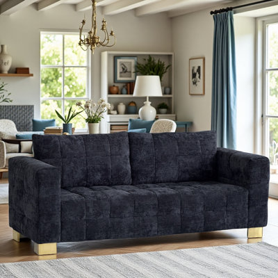 FX-P54-BK2 (SOFA YF0251-23) Canapé contemporain en chenille noire, siège profond pour 3 personnes avec accoudoirs larges et pieds en bloc d'acier inoxydable brossé pour le salon