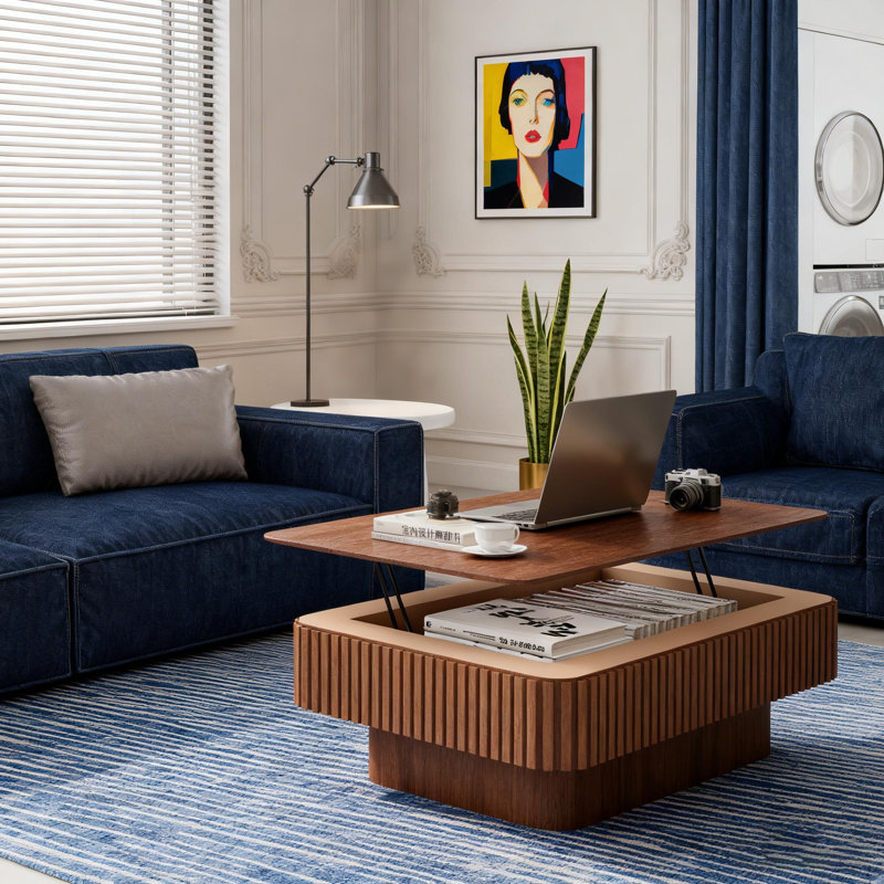 38.6'' Fluted Lift-Top Coffee Table Solid Wood Veneered Modern Coffee Table Accent Tea Table With Storage And Adjustable Height