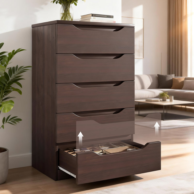 Freya Modern 5-Drawer Chest with Convertible Hidden Drawer, Brown