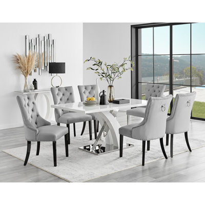 Marietta Chrome Metal & White High Gloss Dining Table Set - 6 Button Luxury Velvet Dining Chairs