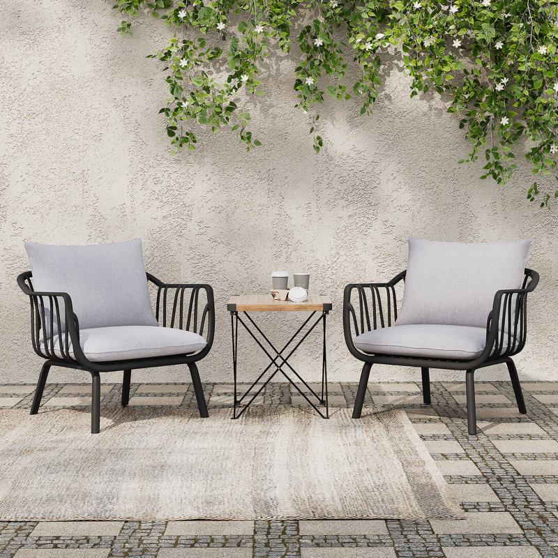 Fauteuil club d'extérieur en PP (ensemble de 2), Coussin gris / cadre noir