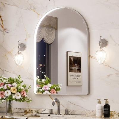 Miroir de salle de bain à DEL avec lumières, miroir de salle de bain arqué avec antibuée, température de 3 couleurs, fonction de mémoire, à intensité variable