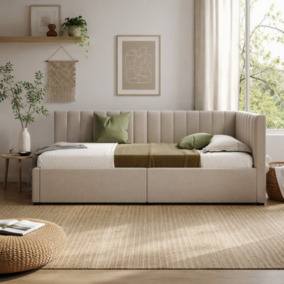 Lit de jour simple rembourré avec 2 tiroirs de rangement, structure de canapé en tissu de lin, aucun sommier nécessaire