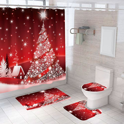 4Pcs Christmas Bathroom Sets With Shower Curtain, Rugs, Toilet Lid Cover And Bath Mat, Christmas Tree Santa Claus Snowman Gnome Chritsmas Shower Curtain