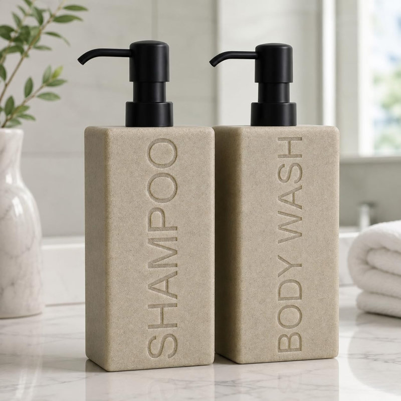  Ensemble rectangulaire de distributeur de shampooing et de nettoyant pour le corps en résine - Brun clair, Tanné