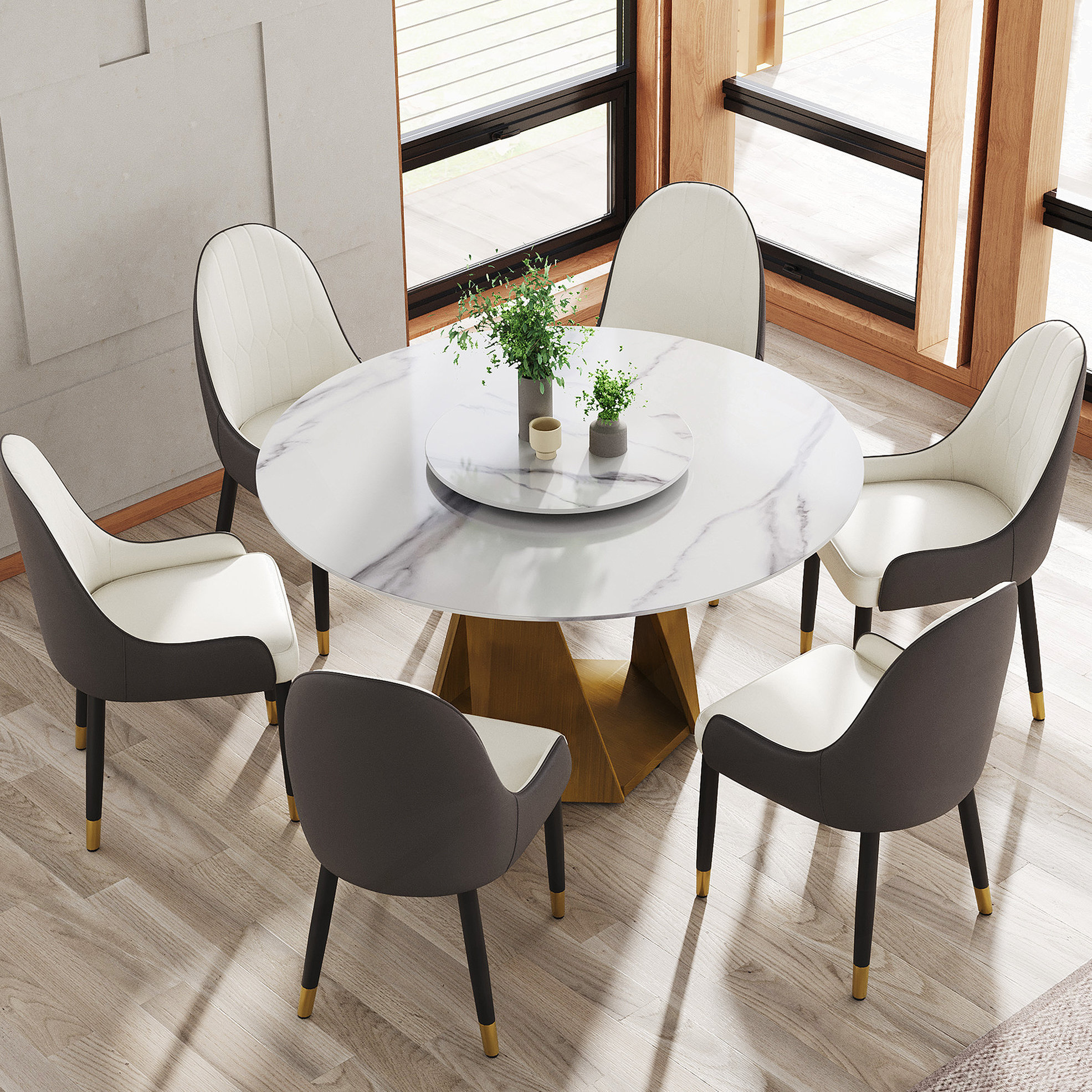 Everly Quinn 53" Round Marble Dining Table with Bronze Iron Metal Base ...