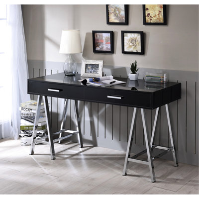 Bureau rectangulaire noir brillant avec finition et 2 tiroirs, poids de 88 lb, base en métal de 54 po x 22 po, produit