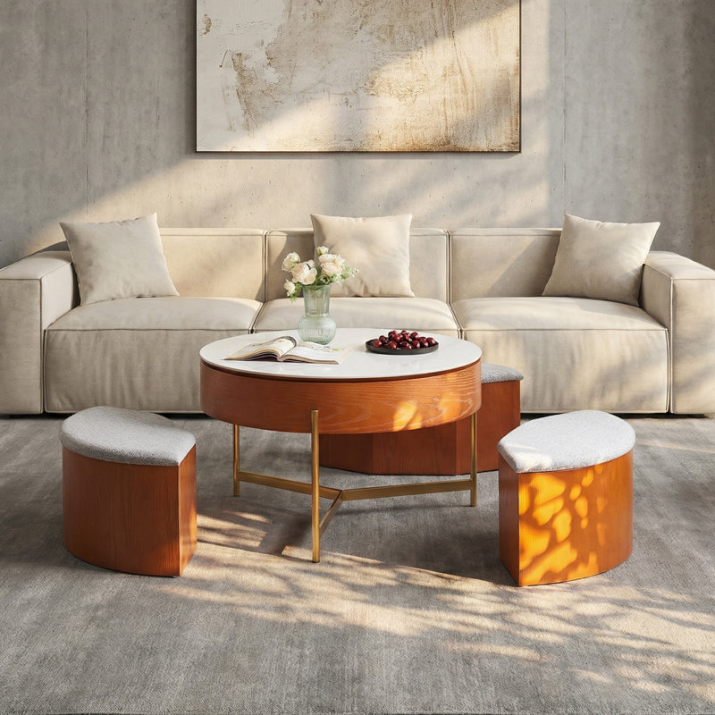 Lift-Top Round Coffee Table with Storage Stools – Sintered Stone & Walnut Veneer