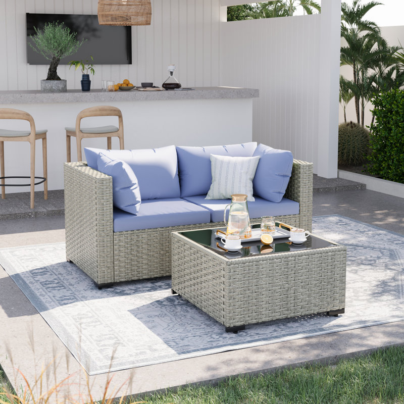 3-Piece Outdoor Wicker Sectional Sofa Set with Cushions & Coffee Table, Light Blue