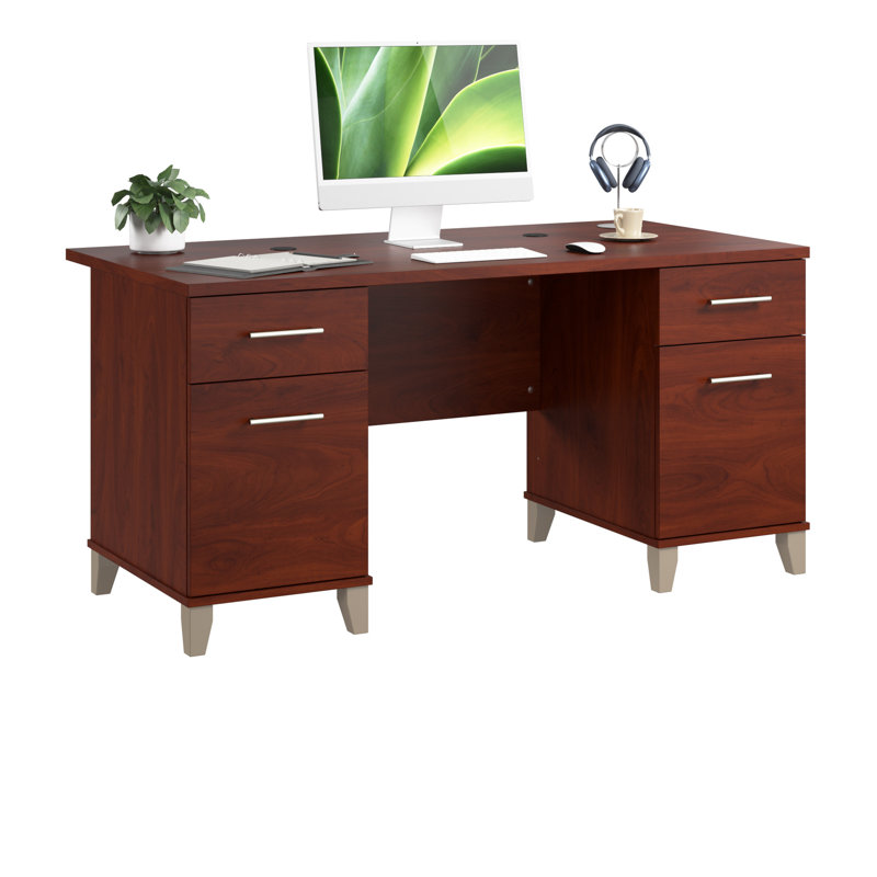 Kaionna 60” Office Desk with Drawers, Computer Office Desk with Storage, Modern Wood, Hansen Cherry, Hansen Cherry