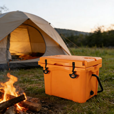 25QT Portable Cooler Box, Outdoor Insulated Cooler With Bottle Opener And Cup Holder, Large High Ice Box With Handle For Travel, Beach, Camping, Fishing, Orange