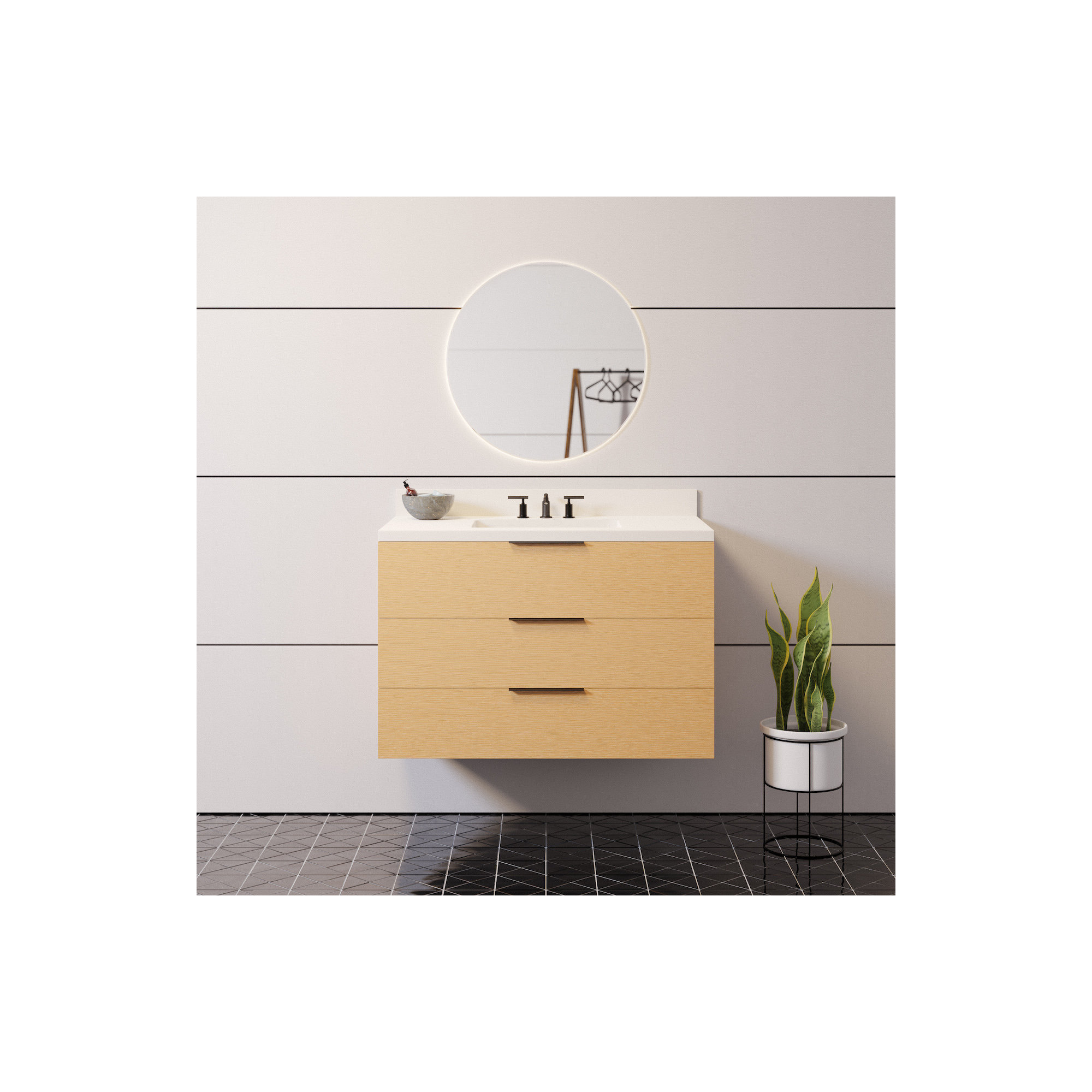 Mitchell 36'' Single Bathroom Vanity, Matte White Quartz, Blonde Wood