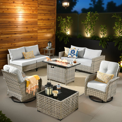 6-Person  Outdoor Sectional With Cushions,Swivel Rockers,Led Coffee Table And Fire Pit,All-Weather Wicker Patio Set