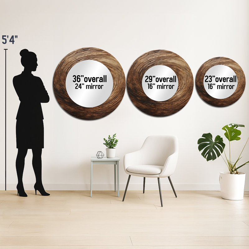 Miroir rond brun avec spirale abstraite I - décoration murale, 36 po x 36 po
