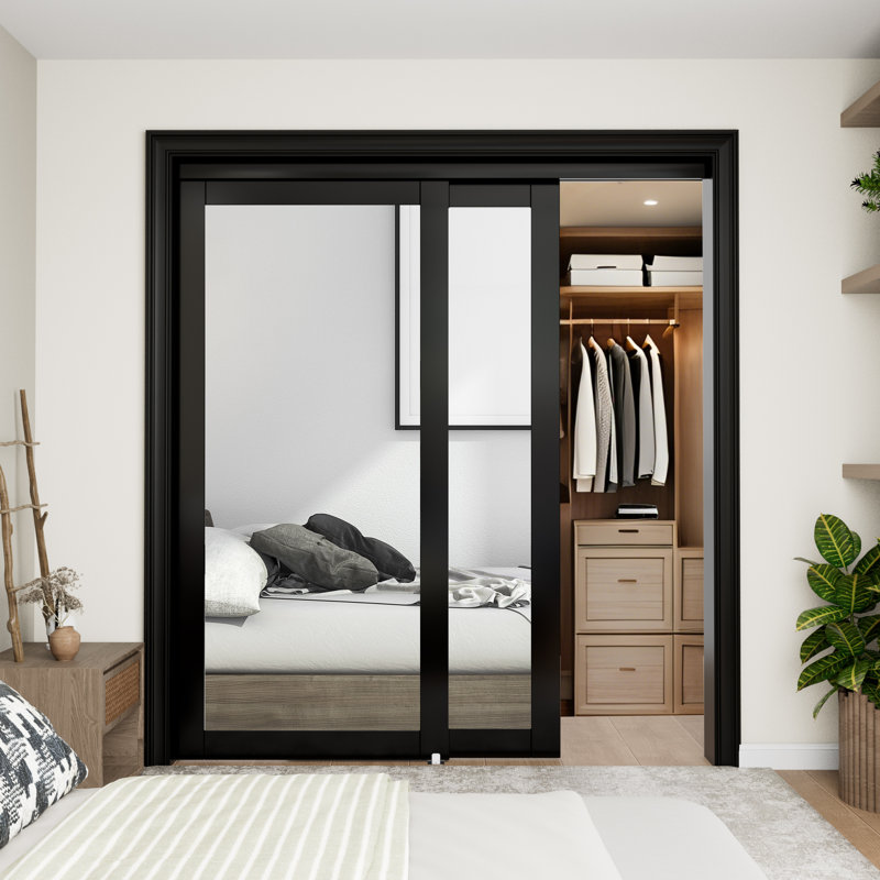Miroir noir avec porte coulissante pleine grandeur noir avec quincaillerie, L 72 po x H 80 po