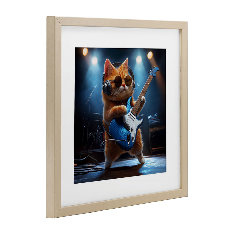Reproduction de chat sous la barre, guitare par Jim Baldwin, H 13 po x l 13 po, Cadre de récolte en pin