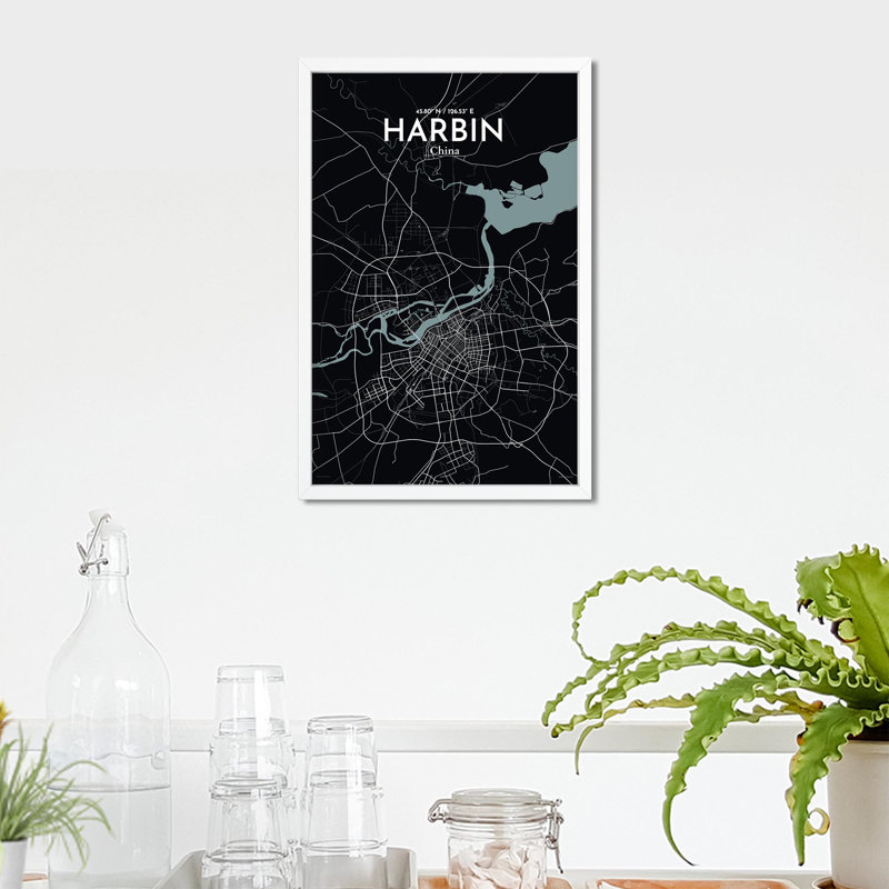 " Harbin China|中國 City Map ", 17" H x 11" W, Grey/Black