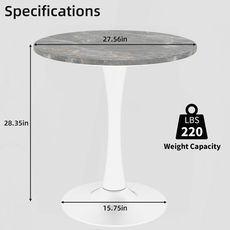 27.6" Round Marble-Effect Coffee Table with Light Gray Veined Top and White Base, Grey/White