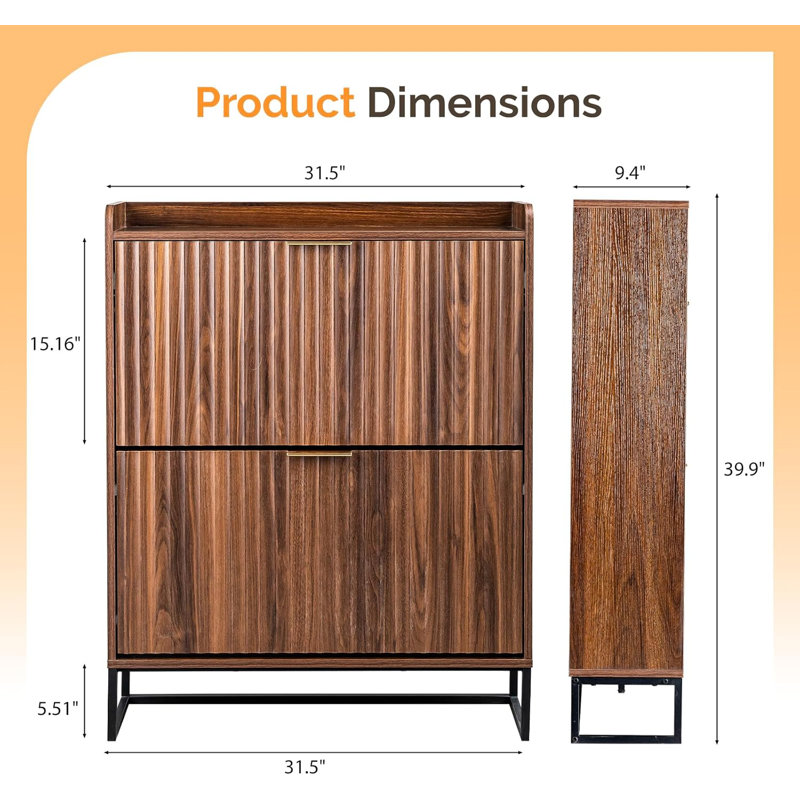 31.5 Inch Wide Slatted 2 Flip Drawers Top With Baffle Shoe Cabinet, Walnut