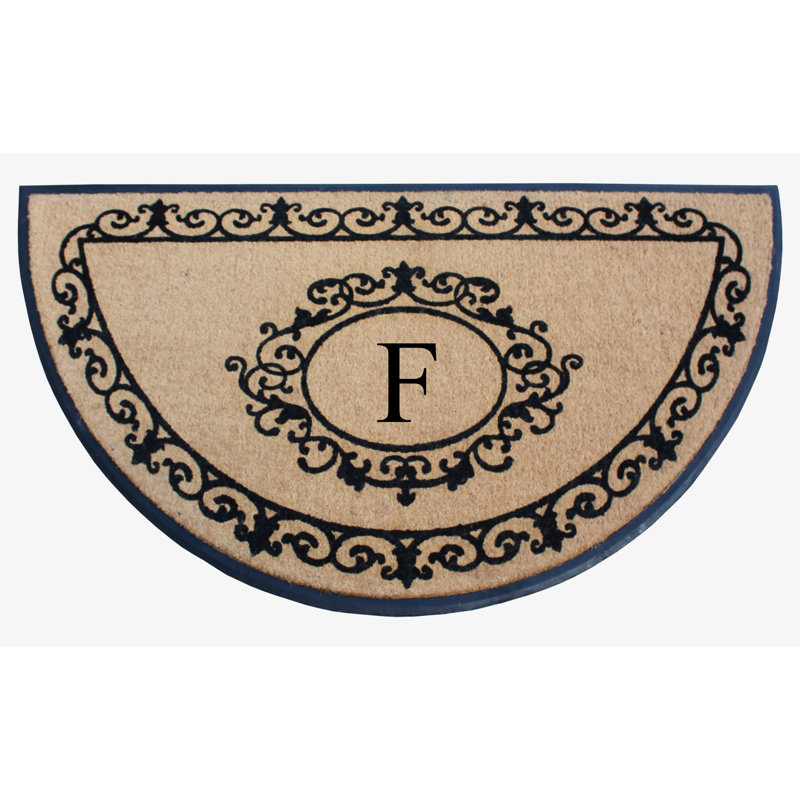 Bahily Floral Border Natural Coir & Rubber Hand-Flocked Monogram Door Mat, 36"x72", Heavy-Duty Outdoor Front Porch Entrance Doormat