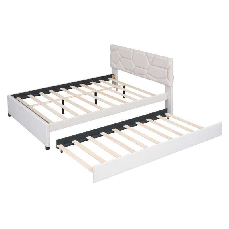 Upholstered Platform Bed with Trundle, Beige, Queen