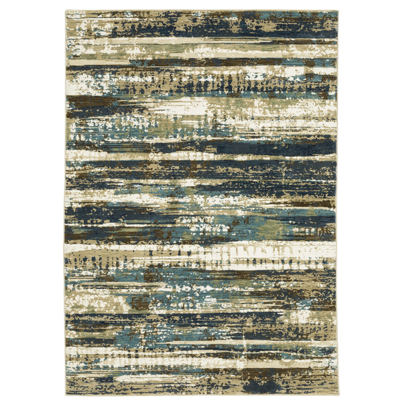 Tapis abstrait rayé beige / bleu Rayan, Rectangle 7 pi 10 po x 10 pi 10 po