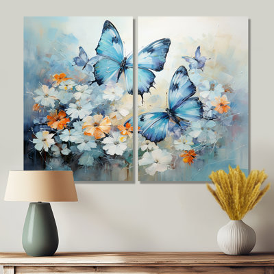 Blue White Butterfly Symphony - Blue Wall Art Set Of 2
